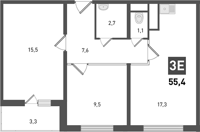 Планировка 3-комнатная 55,4 м²