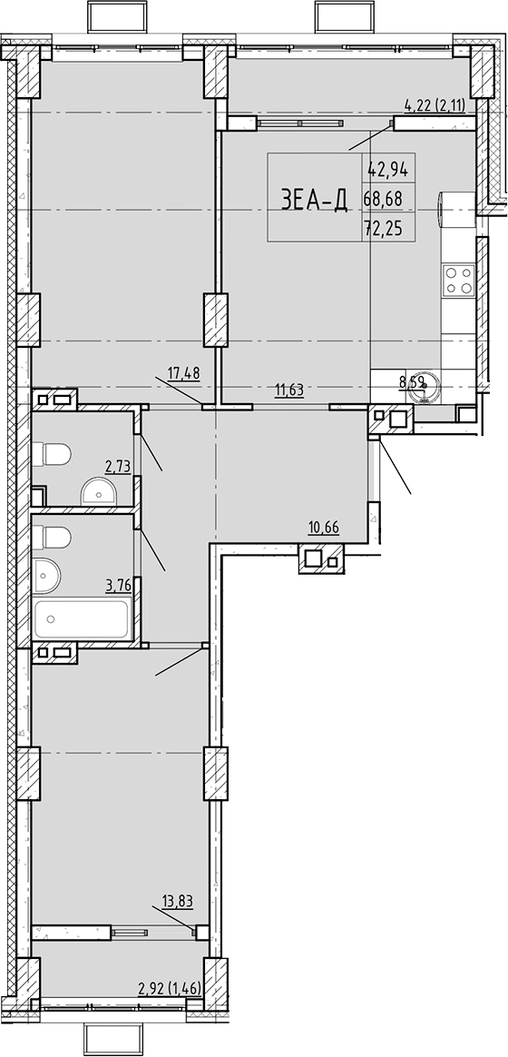 Планировка 3-комнатная 72,25 м²