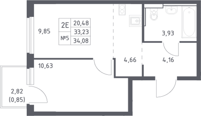 Планировка 2-комнатная 34,08 м²