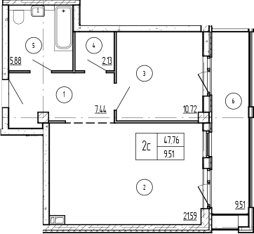 Планировка 1-комнатная 57,27 м²