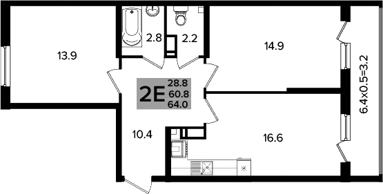 Планировка 3-комнатная 62,75 м²