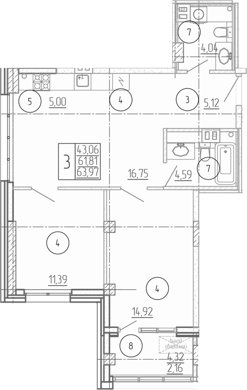 Планировка 3-комнатная 63,97 м²