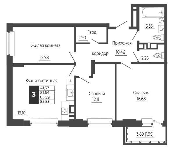 Планировка 3-комнатная 83,59 м²