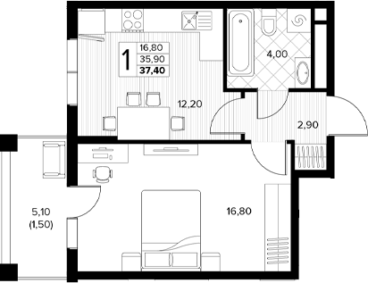 Планировка 1-комнатная 37,4 м²