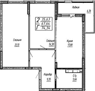 Планировка 3-комнатная 74,34 м²