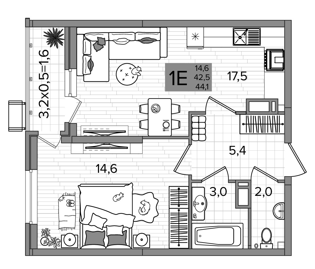 Планировка 2-комнатная 43,45 м²