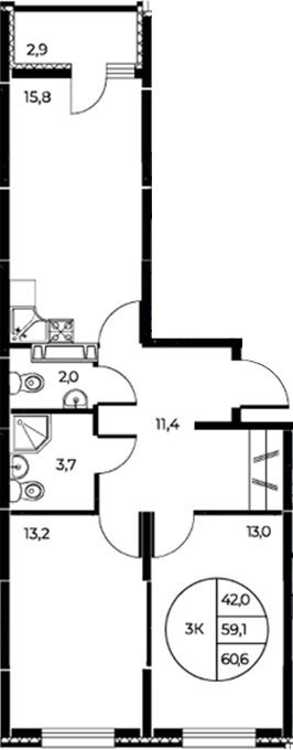 Планировка 3-комнатная 60,6 м²