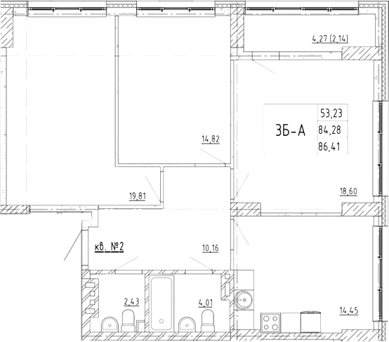 Планировка 3-комнатная 86,41 м²