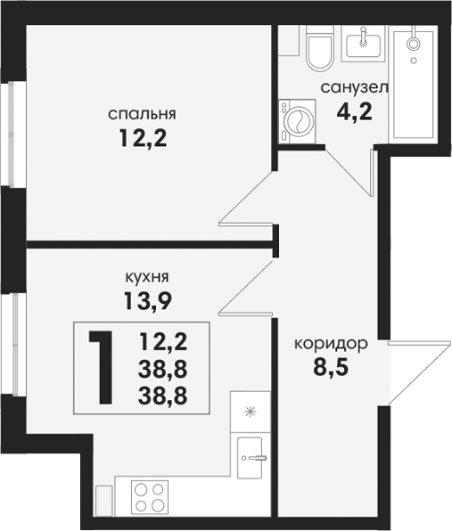 Планировка 1-комнатная 38,8 м²