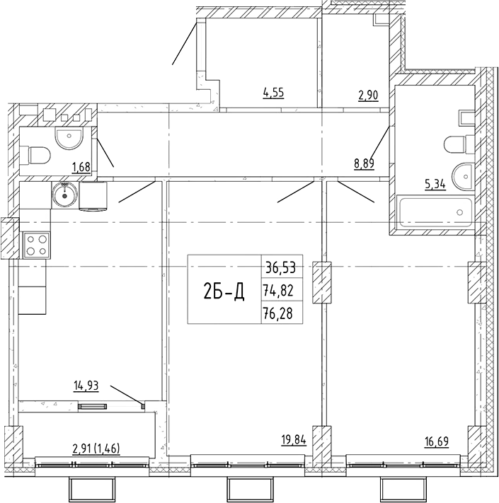 Планировка 2-комнатная 76,28 м²