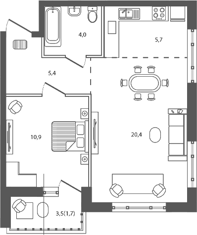 Планировка 2-комнатная 48,1 м²