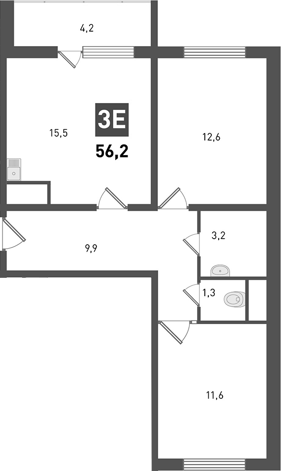 Планировка 3-комнатная 56,2 м²