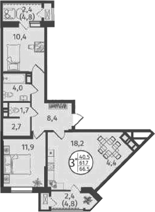 Планировка 3-комнатная 67 м²