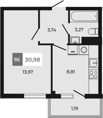 Планировка 1-комнатная 30,98 м²