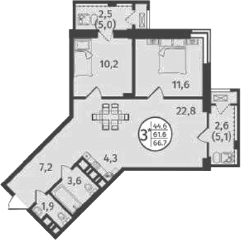 Планировка 3-комнатная 66,7 м²