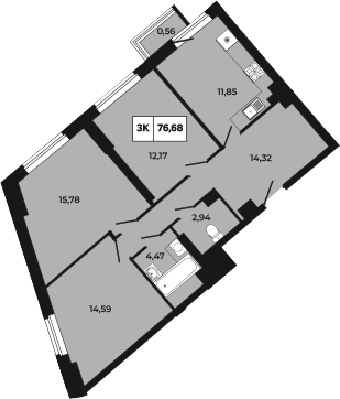 Планировка 3-комнатная 76,68 м²