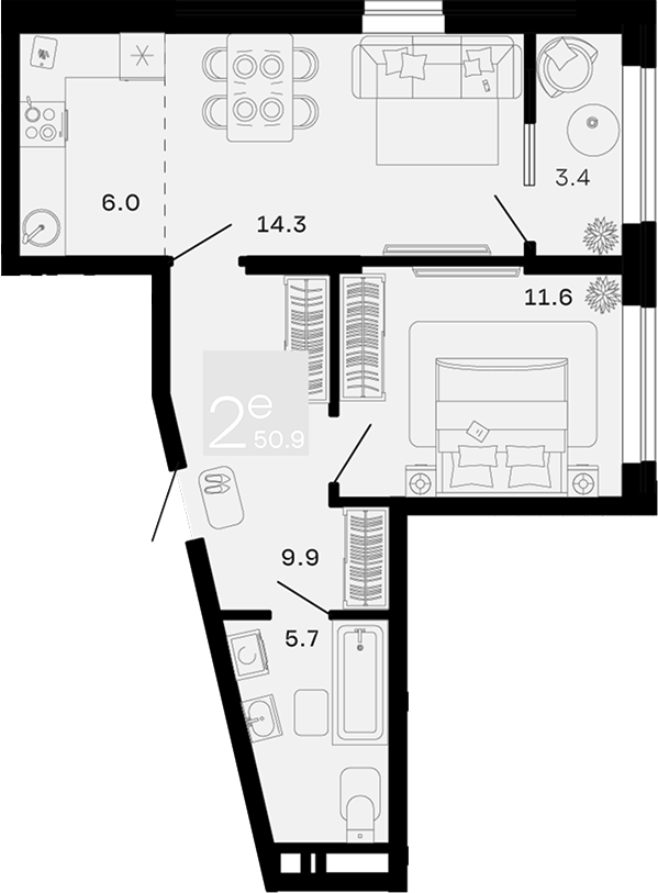Планировка 2-комнатная 50,9 м²