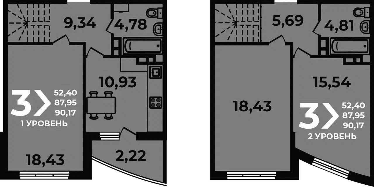 Планировка 3-комнатная 90,17 м²