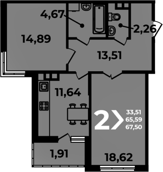 Планировка 2-комнатная 67,5 м²