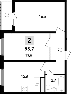 Планировка 2-комнатная 55,7 м²