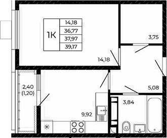 Планировка 1-комнатная 39,17 м²