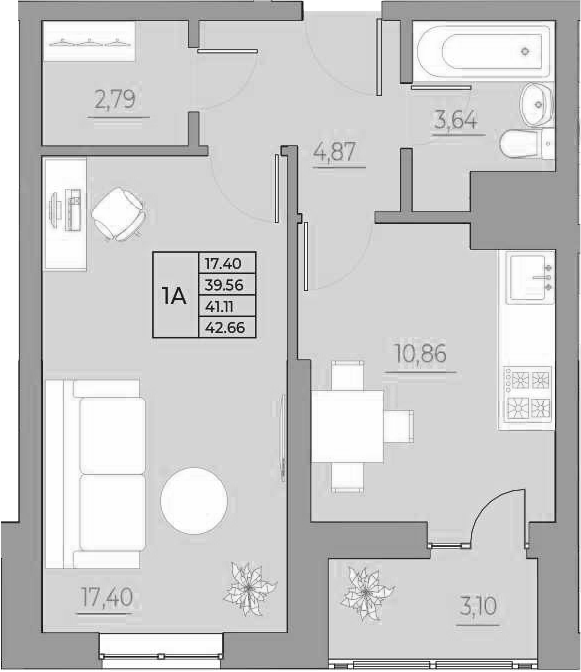 Планировка 1-комнатная 42,66 м²