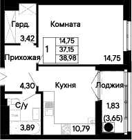 Планировка 1-комнатная 38,98 м²