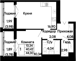 Планировка 2-комнатная 44,3 м²