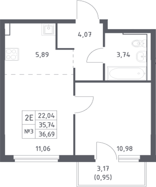 Планировка 2-комнатная 36,69 м²