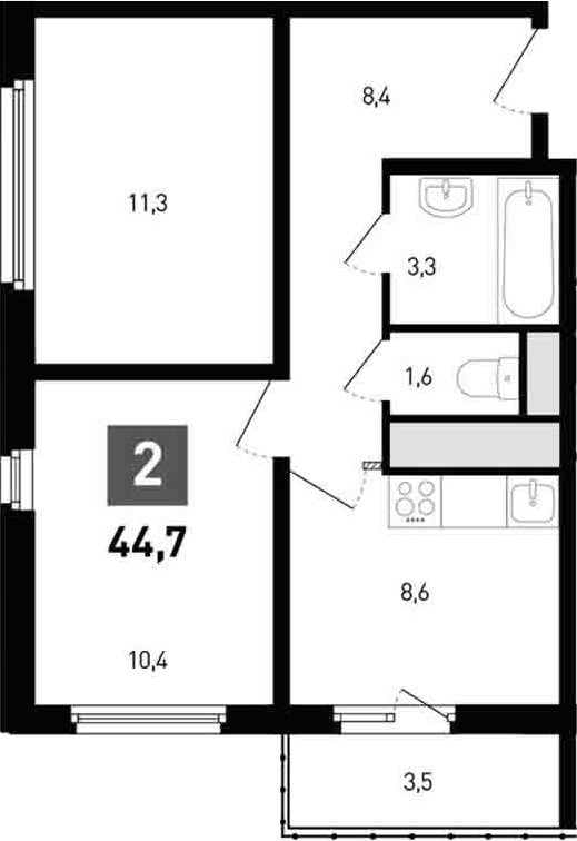 Планировка 2-комнатная 44,7 м²