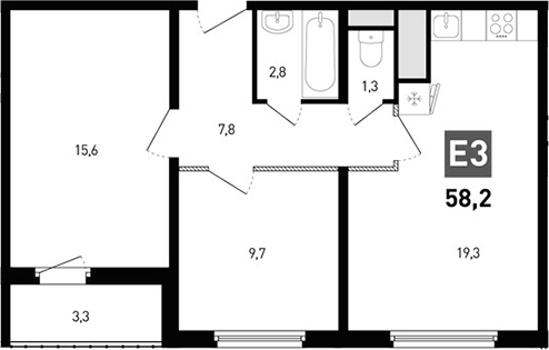 Планировка 3-комнатная 58,2 м²