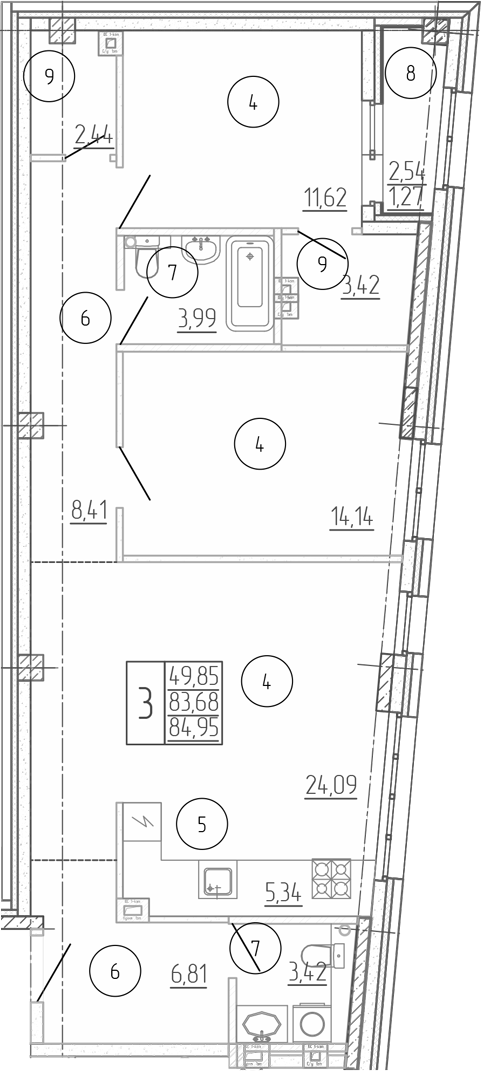 Планировка 3-комнатная 84,95 м²