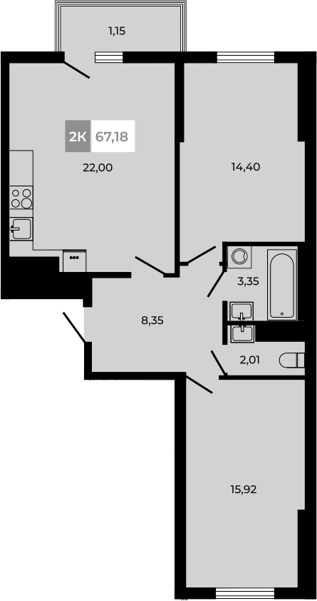 Планировка 2-комнатная 67,18 м²