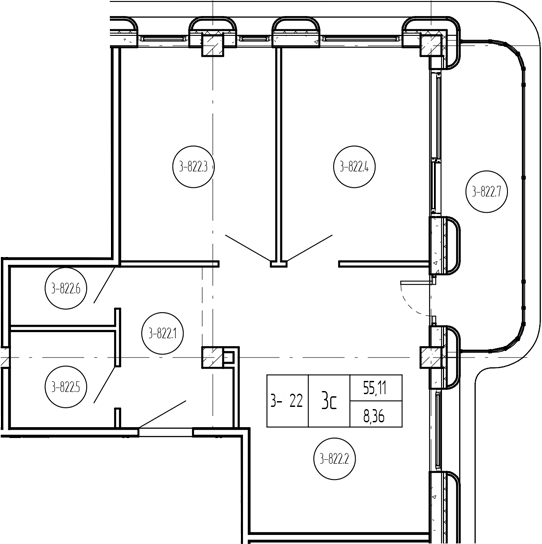 Планировка 3-комнатная 63,71 м²