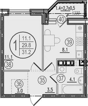 Планировка 1-комнатная 31,2 м²