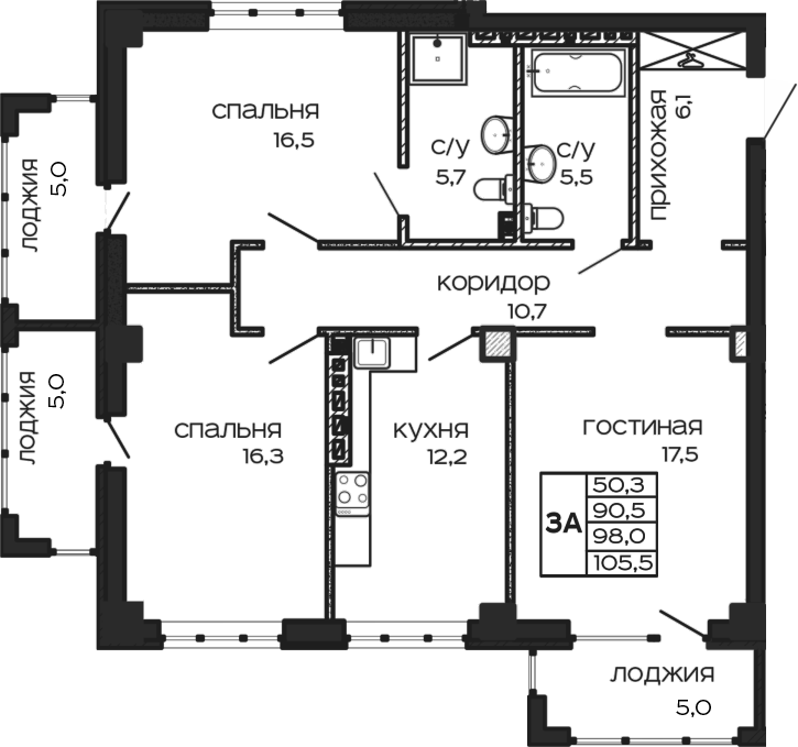 Планировка 3-комнатная 105,5 м²