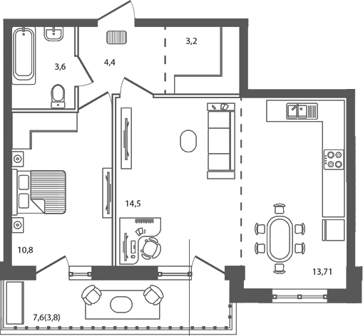 Планировка 2-комнатная 54 м²
