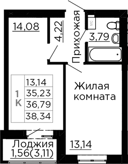 Планировка 1-комнатная 36,79 м²