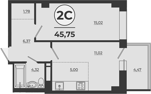 Планировка 2-комнатная 44,18 м²