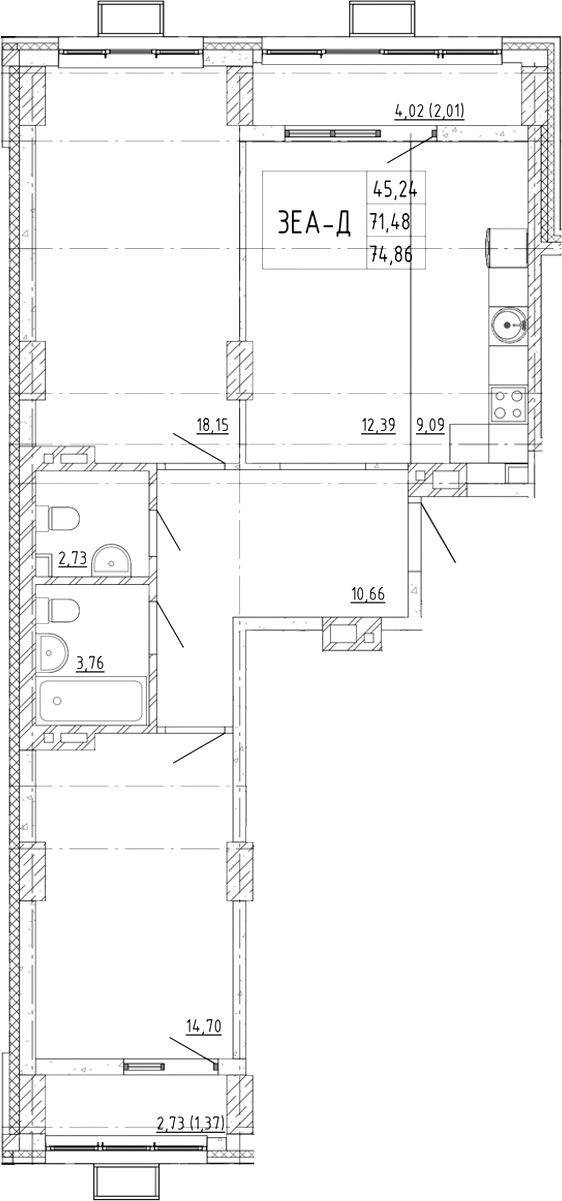 Планировка 3-комнатная 74,86 м²