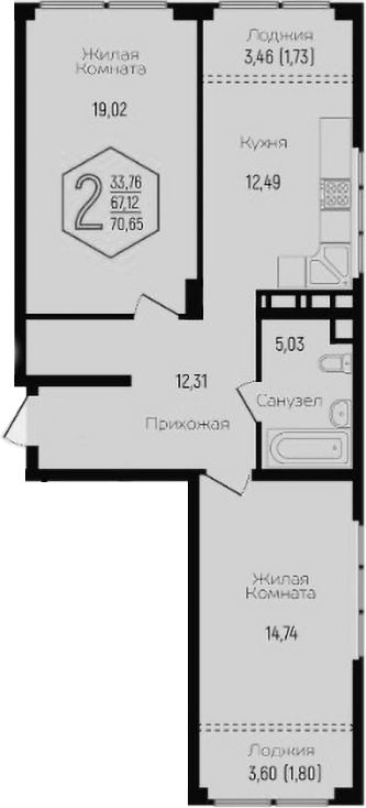Планировка 3-комнатная 68,4 м²