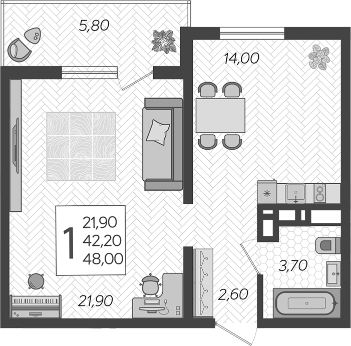 Планировка 1-комнатная 48 м²