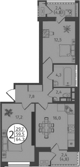 Планировка 3-комнатная 64,4 м²