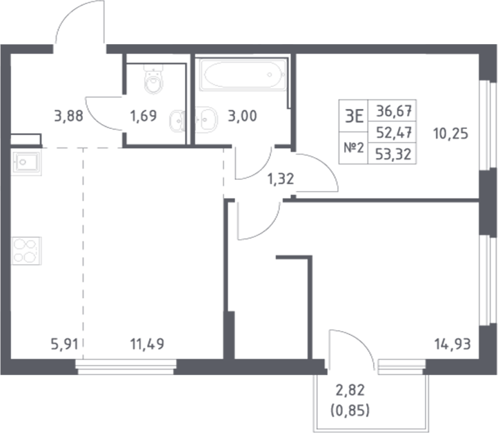 Планировка 3-комнатная 53,32 м²