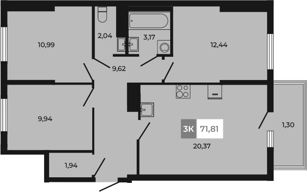 Планировка 3-комнатная 71,81 м²