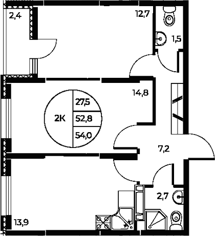 Планировка 2-комнатная 54 м²