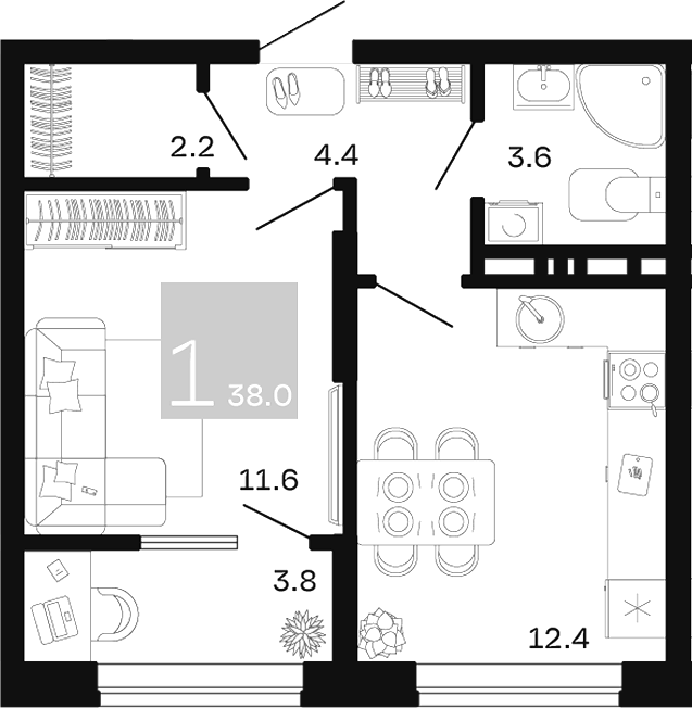 Планировка 1-комнатная 38 м²