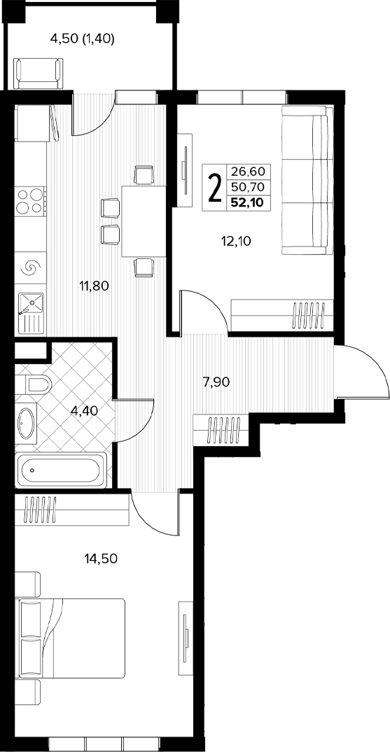 Планировка 2-комнатная 52,1 м²