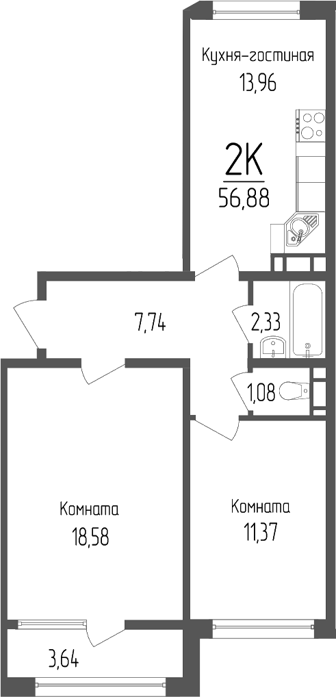 Планировка 2-комнатная 56,88 м²