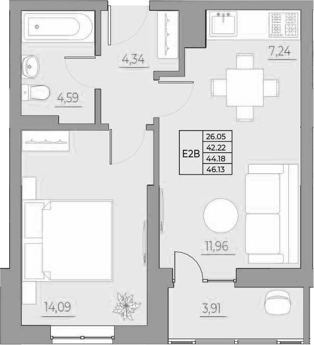 Планировка 2-комнатная 46,13 м²